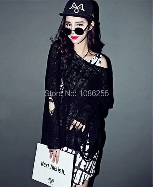 2015 женский свободный свитер с отверстиями асимметричный подол Свободный вязаный