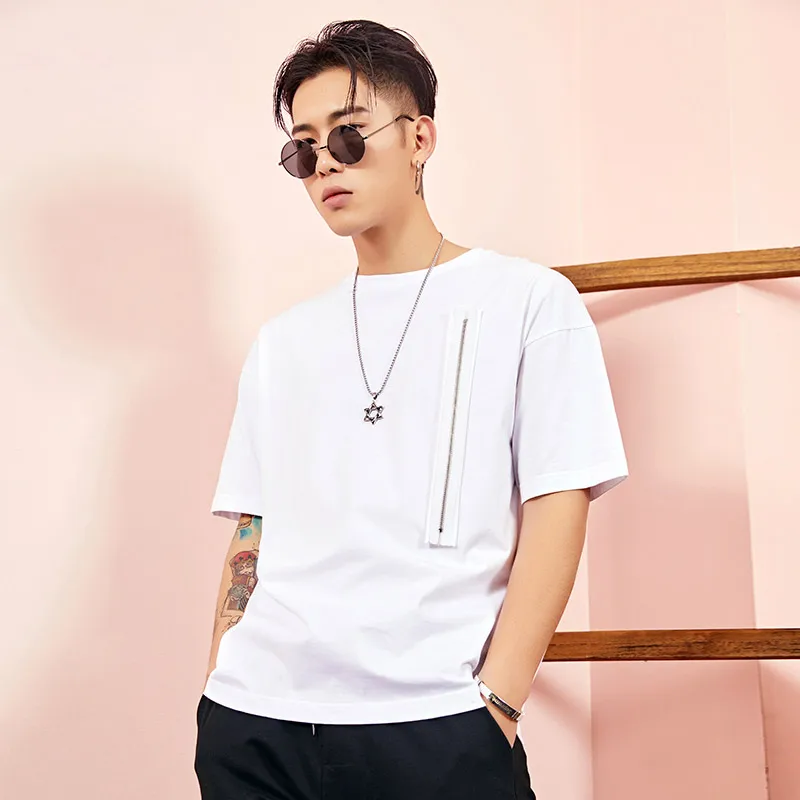 Men's Short Sleeve Cotton T-shirt 2018 Summer New Loose Style Solid Color O-Neck Zipper Decoration Basic Tees 82DT169LN | Мужская