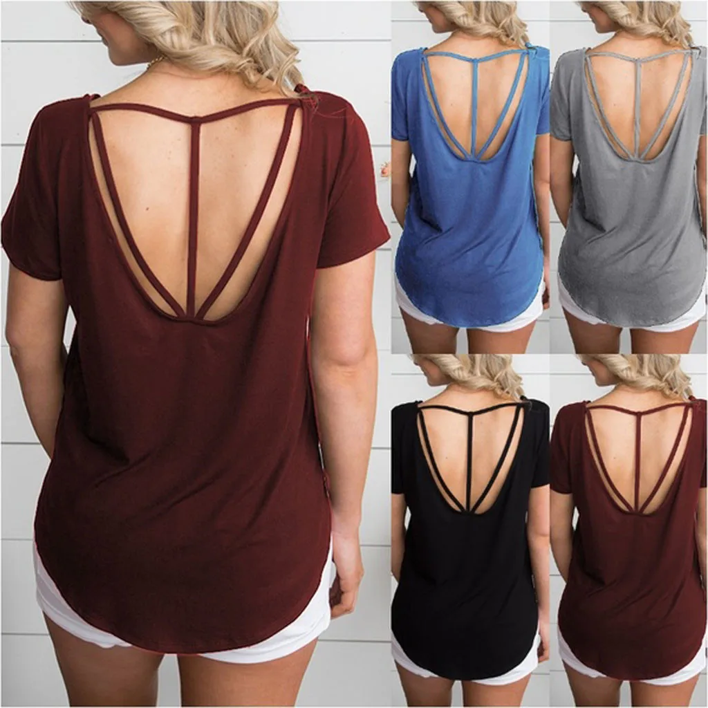 Robe femme, Женская Летняя Повседневная Туника с коротким рукавом и круглым вырезом, открытая спина, топы, блузка, женская шифоновая блузка