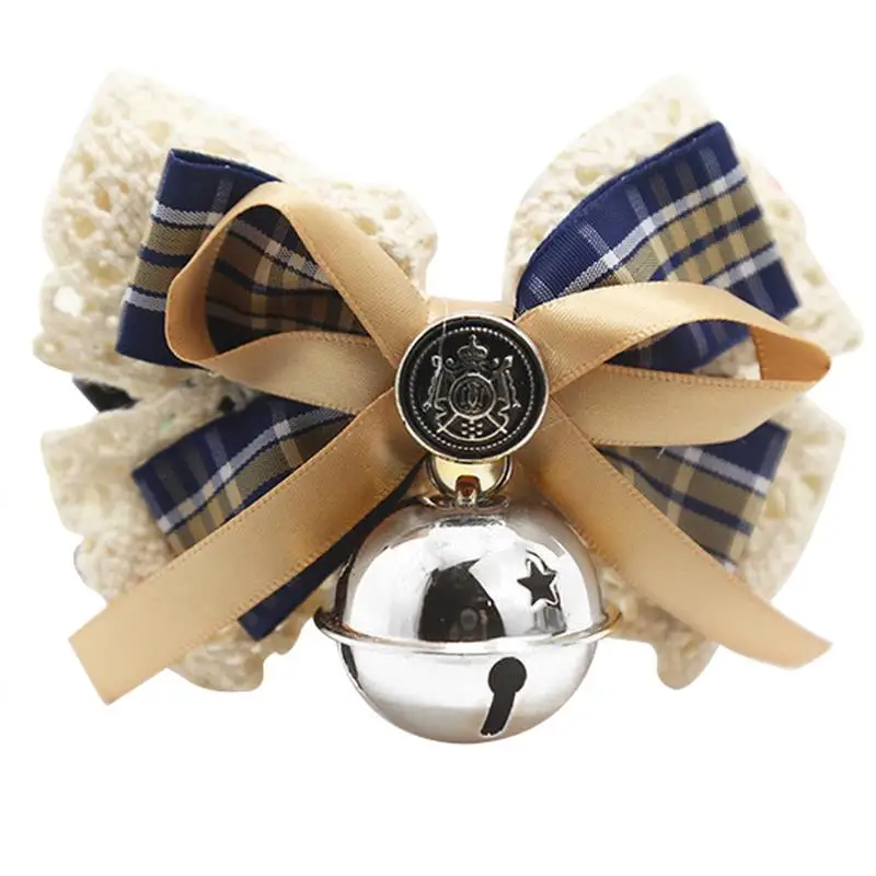 Beige Silver bell Милые домашние животные, кошки, собаки, регулируемый воротник, кожаный галстук-бабочка, галстук в клетку, кружевной бант с колокольчиком для свадебной вечеринки, галстук для ухода за кошкой, собакой - Цвет: Beige Silver bell