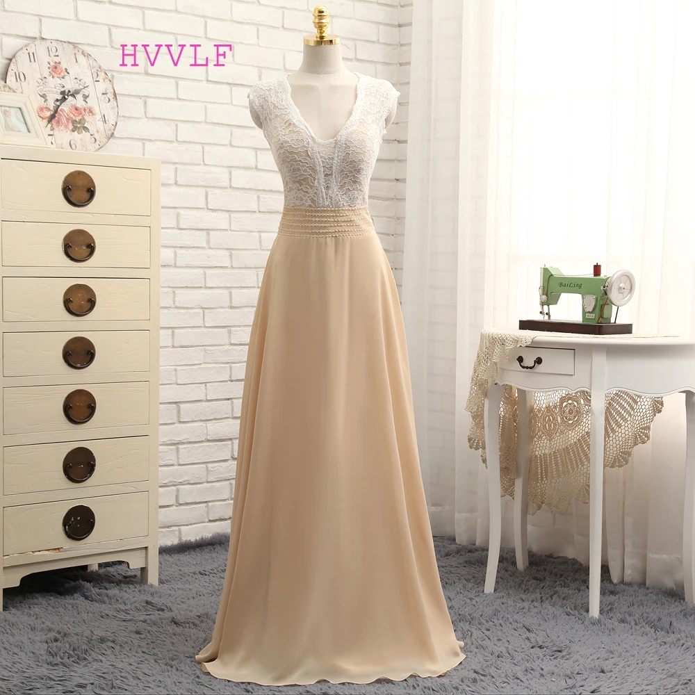 Шифоновое платье трапеция цвета шампанского с V образным вырезом|2017 prom dresses|prom