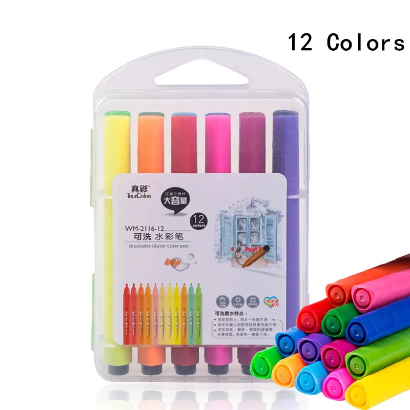 12colors 12/18/24/36 шт./лот нетоксичные моющиеся акварель ручка Книги по искусству маркеры для детей канцтовары школа поставки - Цвет: 12colors