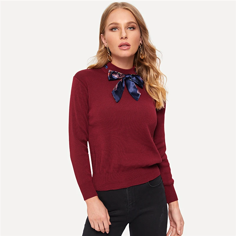 Sheinside, бордовый, осенний, однотонный, вязаный, украшение, свитера, мода, Женский пуловер с длинным рукавом, Повседневный, для девушек, джемпер, свитер