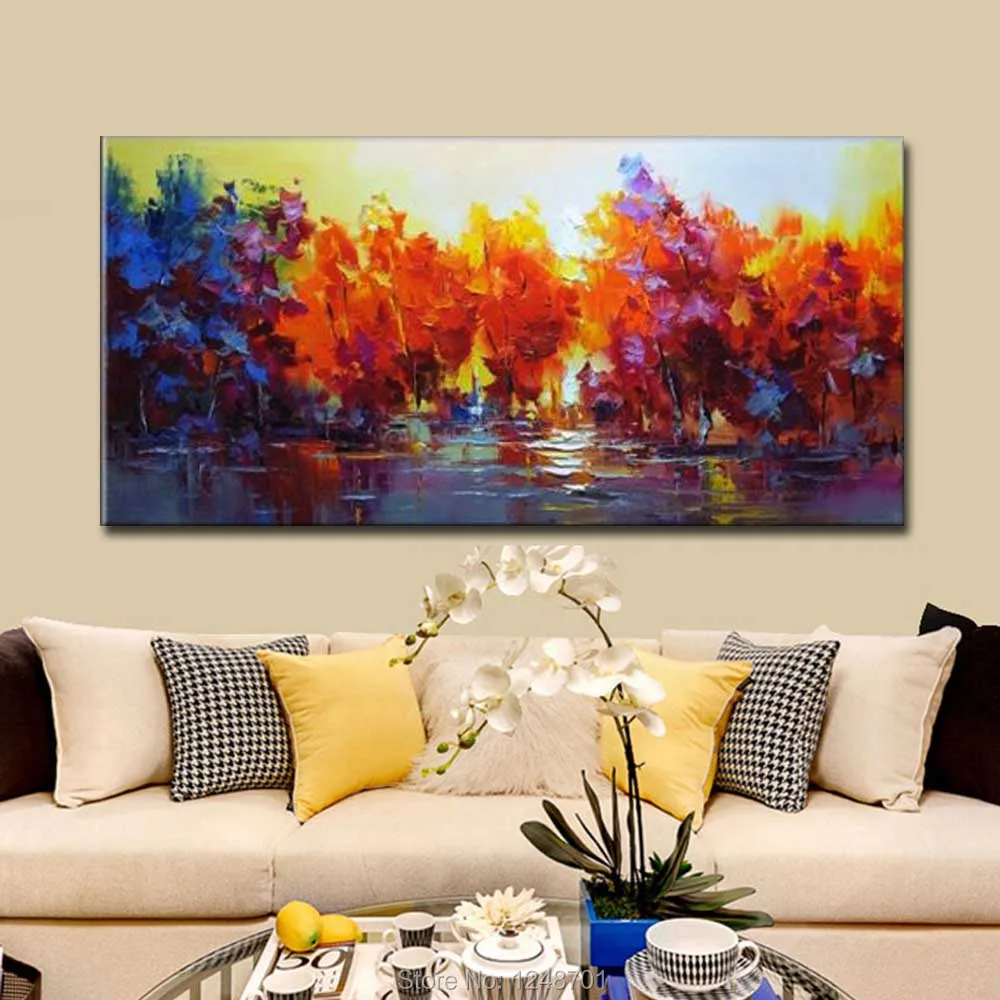 

Hand Painted Thick Texture Impasto Colorful Landscape Oil Painting On Canvas Abstract Forest Wall Picture Living Room Home Decor