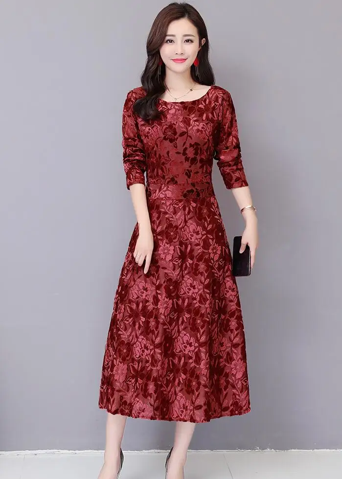 wine red 5XL размера плюс весеннее женское жаккардовое платье Элегантное красное с принтом сексуальное с О-образным вырезом Винтажное с длинным рукавом Boho бархатное платье Vestidos E340 - Цвет: wine red