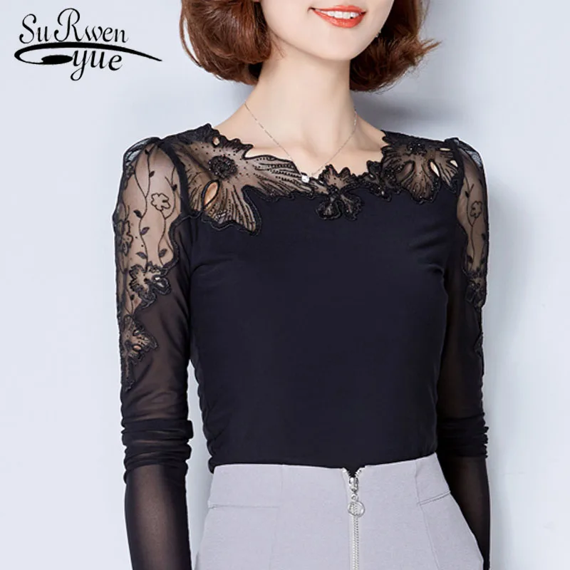 Women Blouses New Arrival 2018 Top Sexy Lace Floral Embroidery Fashion Shirts Long Sleeve Plus Size 62H 25 |