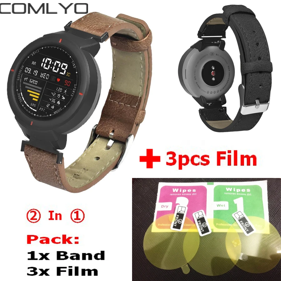 Кожаный ремешок 2 в 1 для Xiaomi Huami Amazfit Verge 3 наручных часов браслет + Защитная пленка