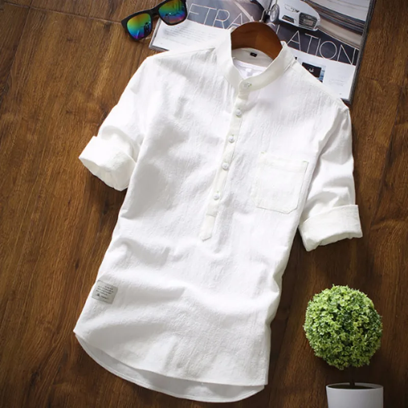 

5 color 2019 New Cotton Linen Men's Chinese stand collar Slim Three quarter Shirts Fashion Solid Color casual Shirt S-3XL