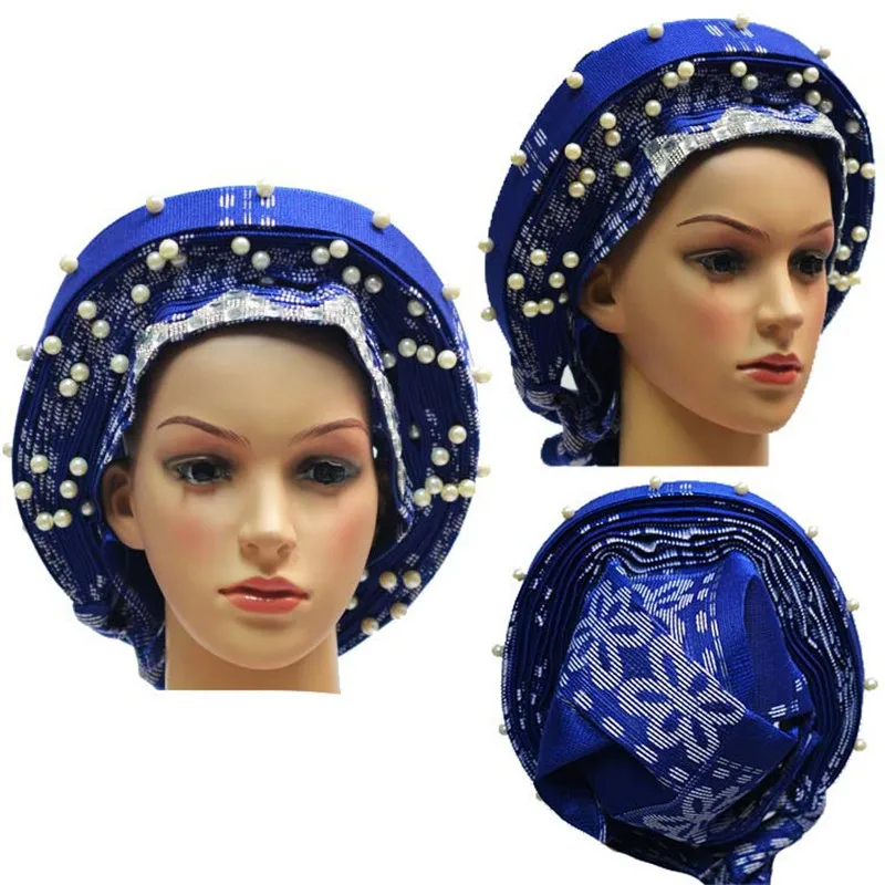 royal blue Африканский Авто геле головной убор для свадьбы 019 ASO OKE геле головной убор вышивка с бисером - Цвет: royal blue