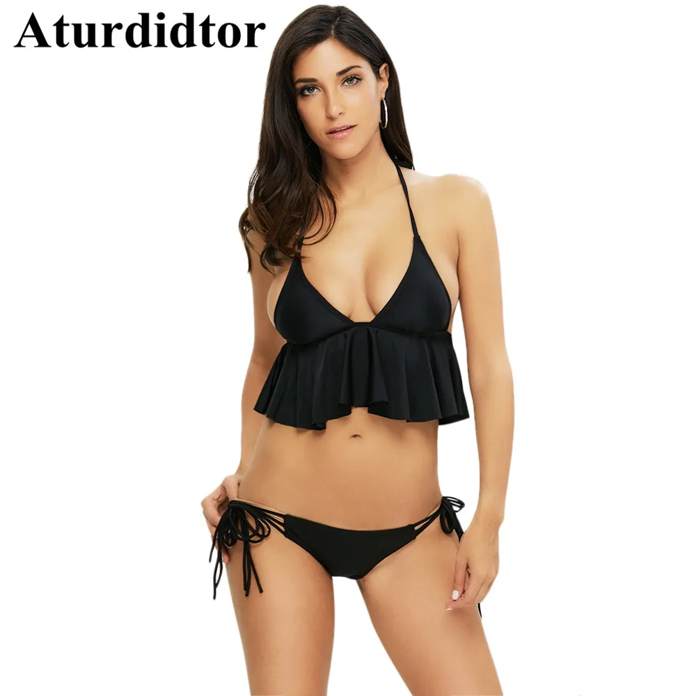 Сексуальный комплект бикини с лямкой на шее рюшами и воланом женский купальник