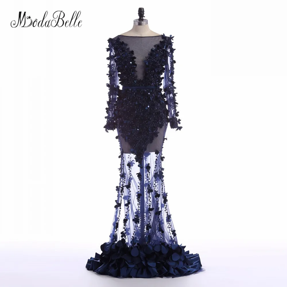 Длинные платья для выпускного вечера с жемчугом modabelle темно-синие прозрачные