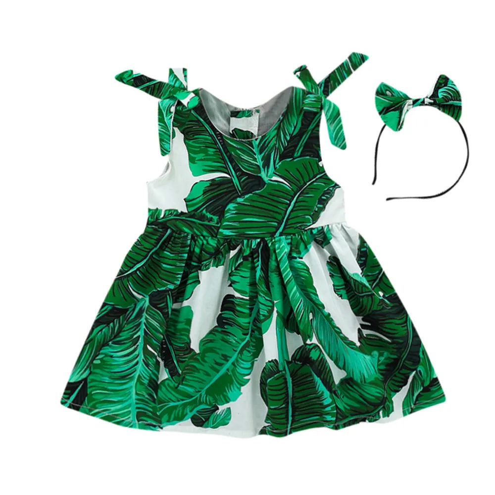 kids dresses for girls Toddler Baby Girls Leaves Print Dress Straps Party Headband Beach Sundress Vestidos Dropshipping | Детская одежда
