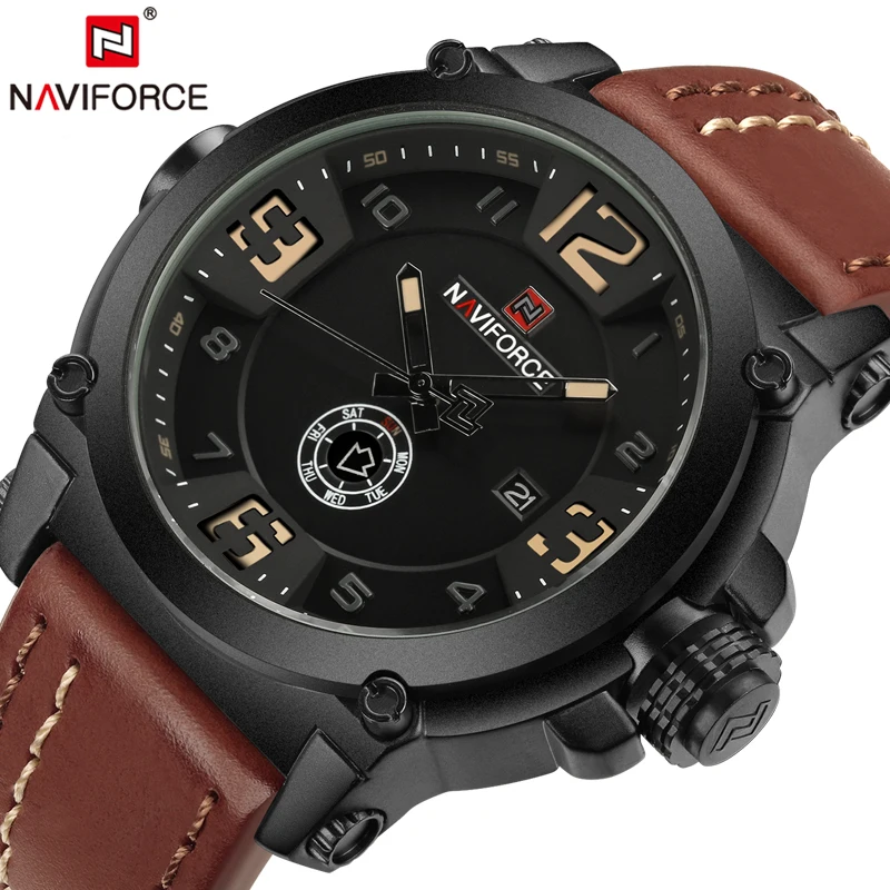 NAVIFORCE Брендовые Часы мужские военные спортивные Водонепроницаемые кожаные