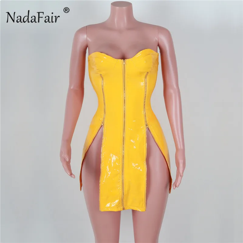 Nadafair желтое платье из искусственной кожи на молнии женские вечерние платья в