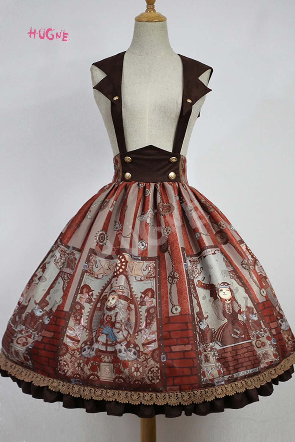 Steampunk Cat Series Lolita Printed Hugne Skirt with Detachable Sailor Collar by Soufflesong