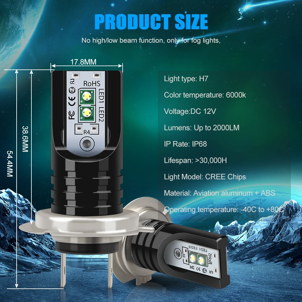 2 шт. Автомобильные светодиодные лампы H7 6000 лм 30000 к с чипом Cree|Передние LED-фары для