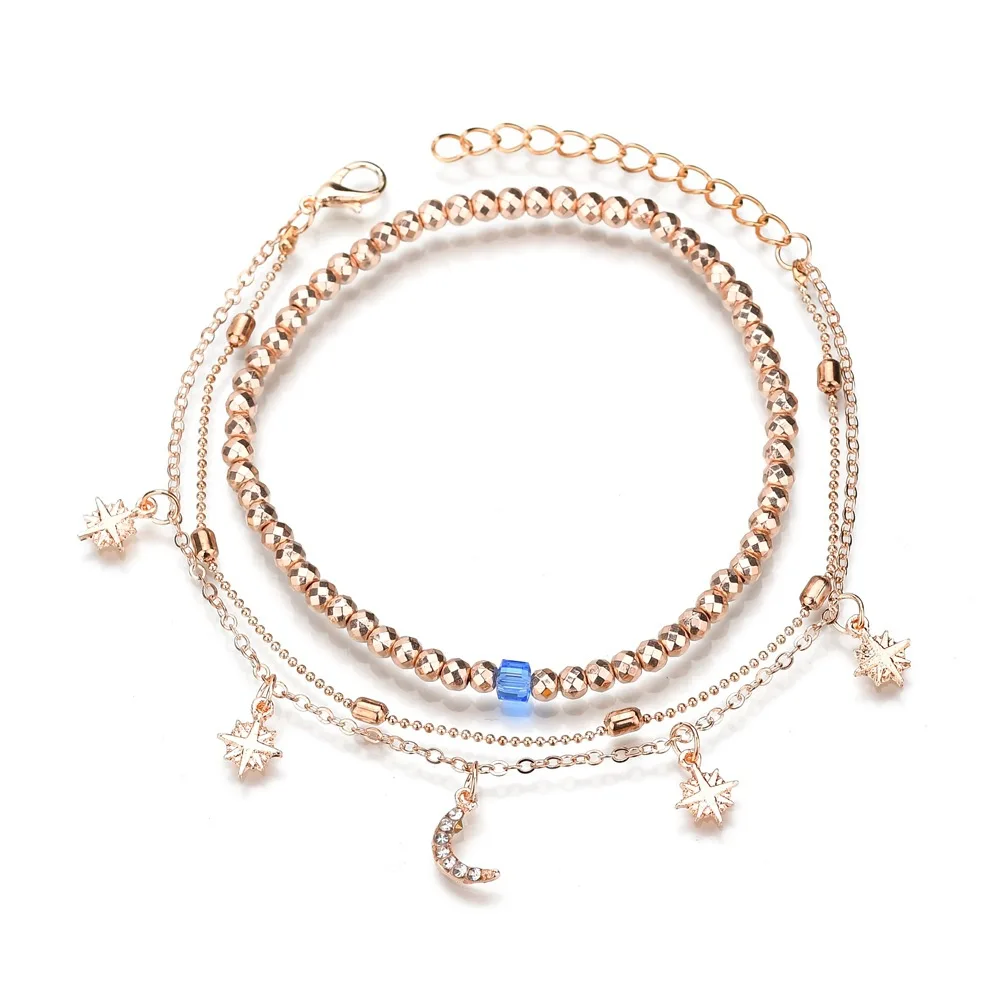 New street shoot personality fashion sexy 3 layers chain gold color crystal beads Moon Star Bracelet Anklets women Jewelry | Украшения и