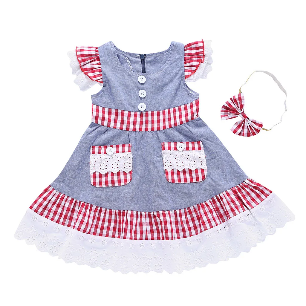 Toddler Baby Girls Fly Sleeve Plaid Ruffles Lace Pocket Dress+Headband Outfits Vintage Infant Newborn Dress 2019 | Детская одежда и