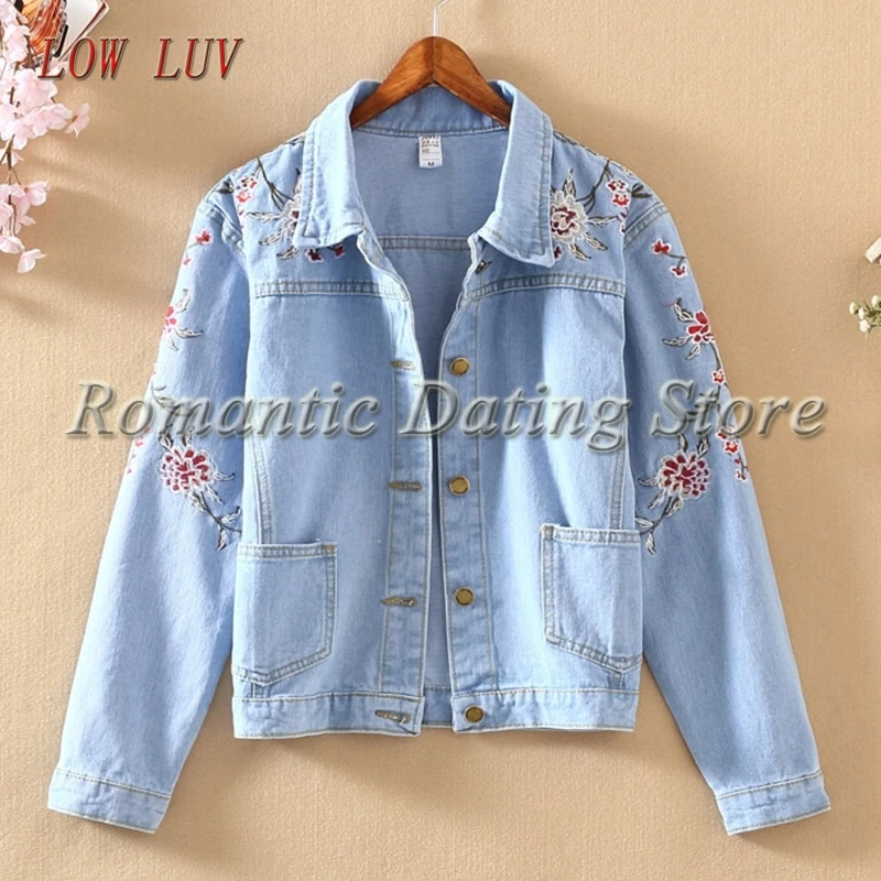 Женское джинсовое пальто с длинным рукавом повседневное тонкое вышивкой верхняя