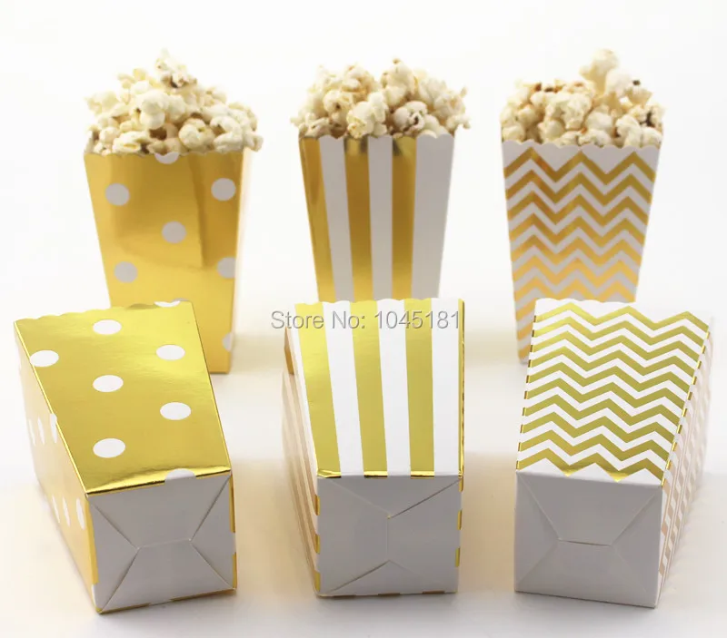 

Free Shipping Gold Silver Foil Popcorn Boxes Chevron Dot Striped Retro Cinema Pop Corn Wedding Party Favor Paper Lolly Box