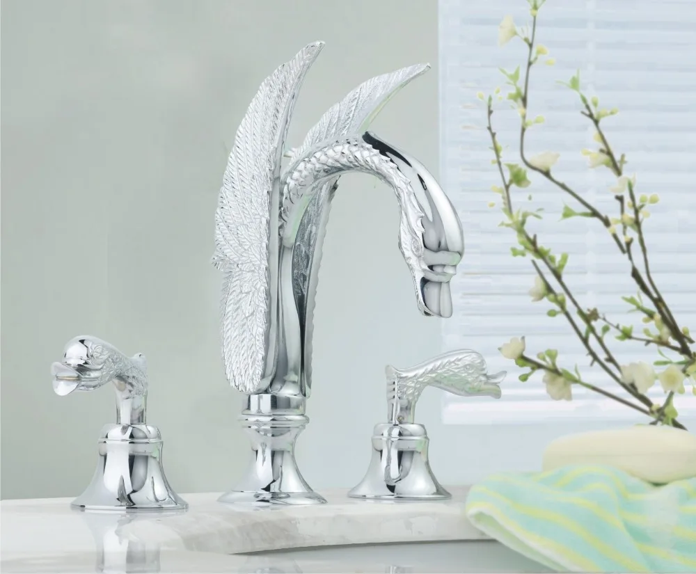 

Free ship Chrome 3 pcs swan sink faucet widespread lavatory basin mixer tap New Deck mounted 27Cm height spout