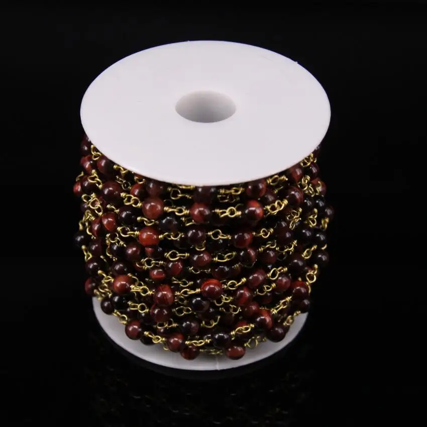 5 метров 6 мм Гладкая круглая цепочка из бисера с красным тигровым глазом|bead chain|brass