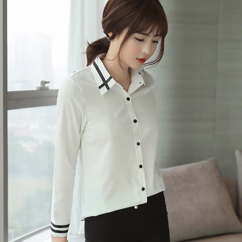Shirt Spring Autumn Shirt Women Clothing Long Sleeve Chiffon Blouse Shirt Korean Casual Shirt Patchwork Solid Color white Top