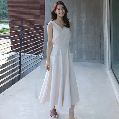 

V-neck Cotton And Linen Sleeveless Sundress Artistic Pocket Women Maxi Dress Backless Bow Ladies Dresses Elegant Long Maxi Dress