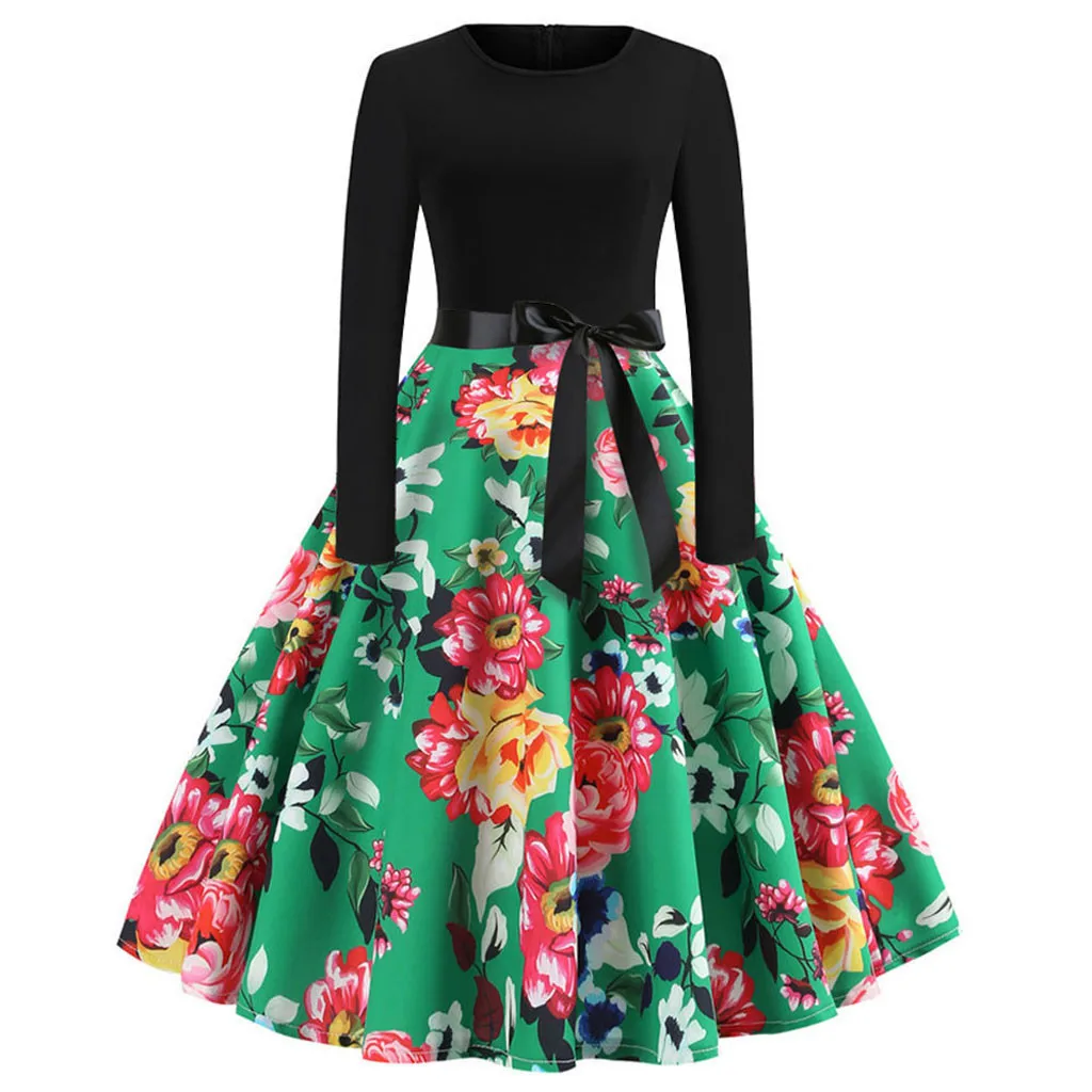 Женское винтажное плиссированное платье с длинным рукавом и цветочным принтом