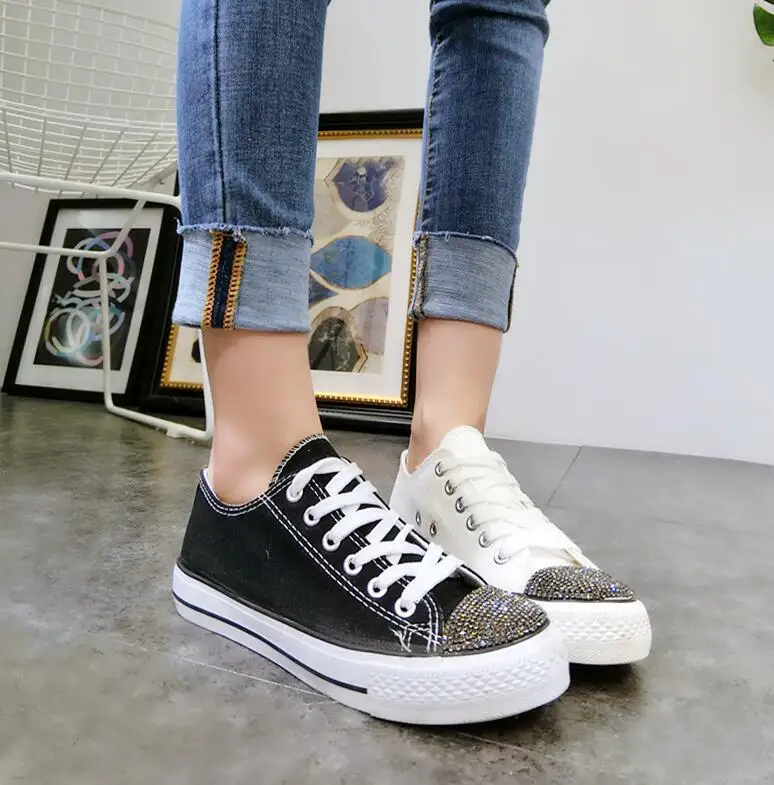 

HKJL new rhinestone lace low to help flat shoes canvas shoes casual shoes large size women's shoes