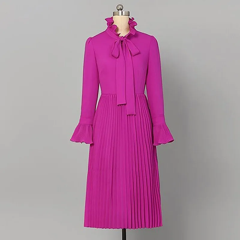 purple TWOTWINSTYLE, винтажное однотонное платье для женщин, стоячий воротник, расклешенный рукав, высокая талия, бант, миди, плиссированные платья, женская мода - Цвет: purple