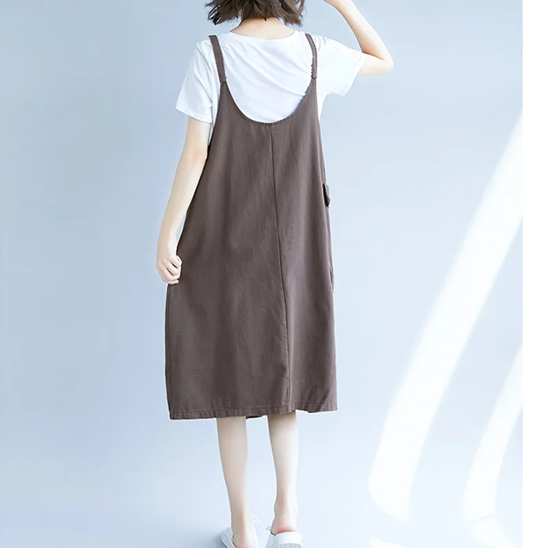 ilstile 2018 Women Spaghetti Strap Casual Loose Cotton Midi Dress Summer Autumn Fashion Pockets Plus Size Basic New M-XXL | Женская