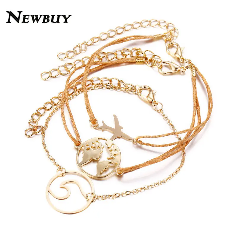 

NEWBUY 3Pcs/Set Simple Desgin Gold Plane Wave Map Charm Bracelets For Women Girl Bohemia Braided Rope Chain Bracelet & Bangle