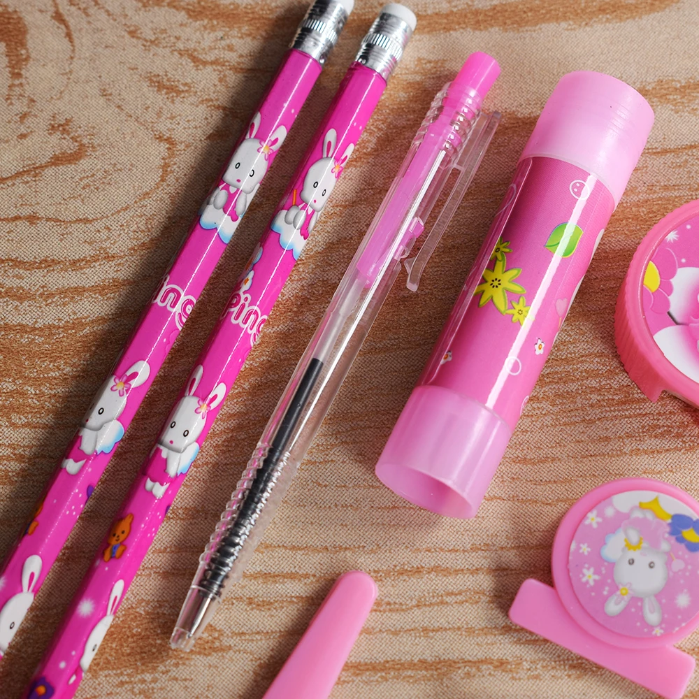 Недорогой мультяшный Kawaii блокнот, карандаш, линейка, ластик, точилка, 9 в 1, Канцелярский набор для мальчиков и девочек, детский подарок, школьный приз