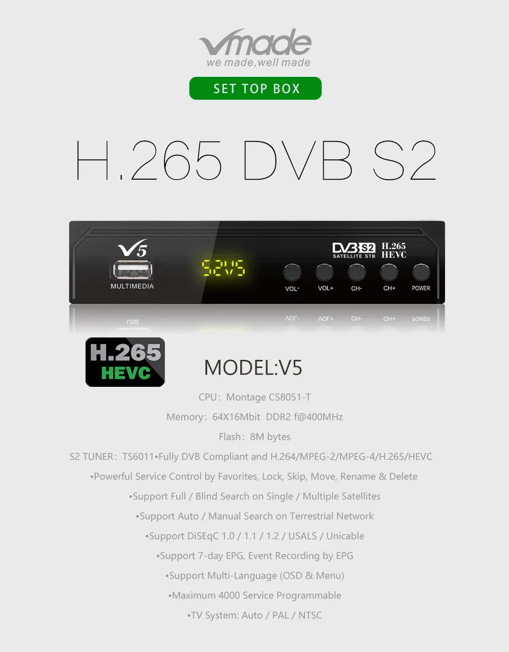 Vmade новейший ТВ-тюнер DVB-S2 H.265 MPEG-2/4 HD 1080P цифровой спутниковый ресивер Поддержка Youtube Bisskey AC3 Cccam IP tv Box
