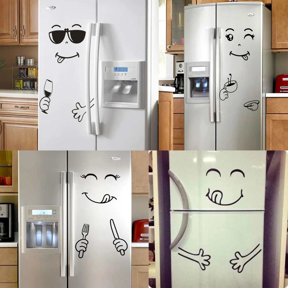 

New 4 Styles Smile Face Wall Sticker Happy Delicious Face Fridge Stickers Yummy for Food Furniture Decoration Art Poster DIY PVC