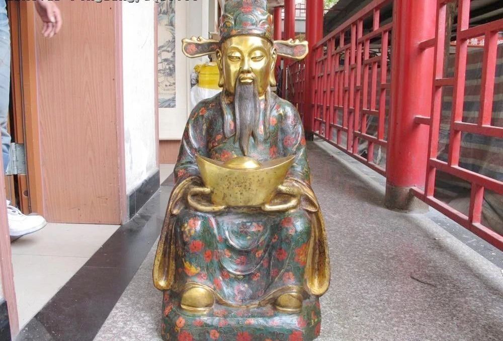 

Chinese Fane Bronze Copper Cloisonne YuanBao God of wealth Mammon Buddha Statue