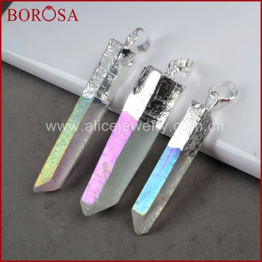 

BOROSA Natural Angel Aura Quartz Pendant Bead Titanium Quartz Crystal Point Silver Color Druzy Quartz Fashion Jewelry Gift S0061