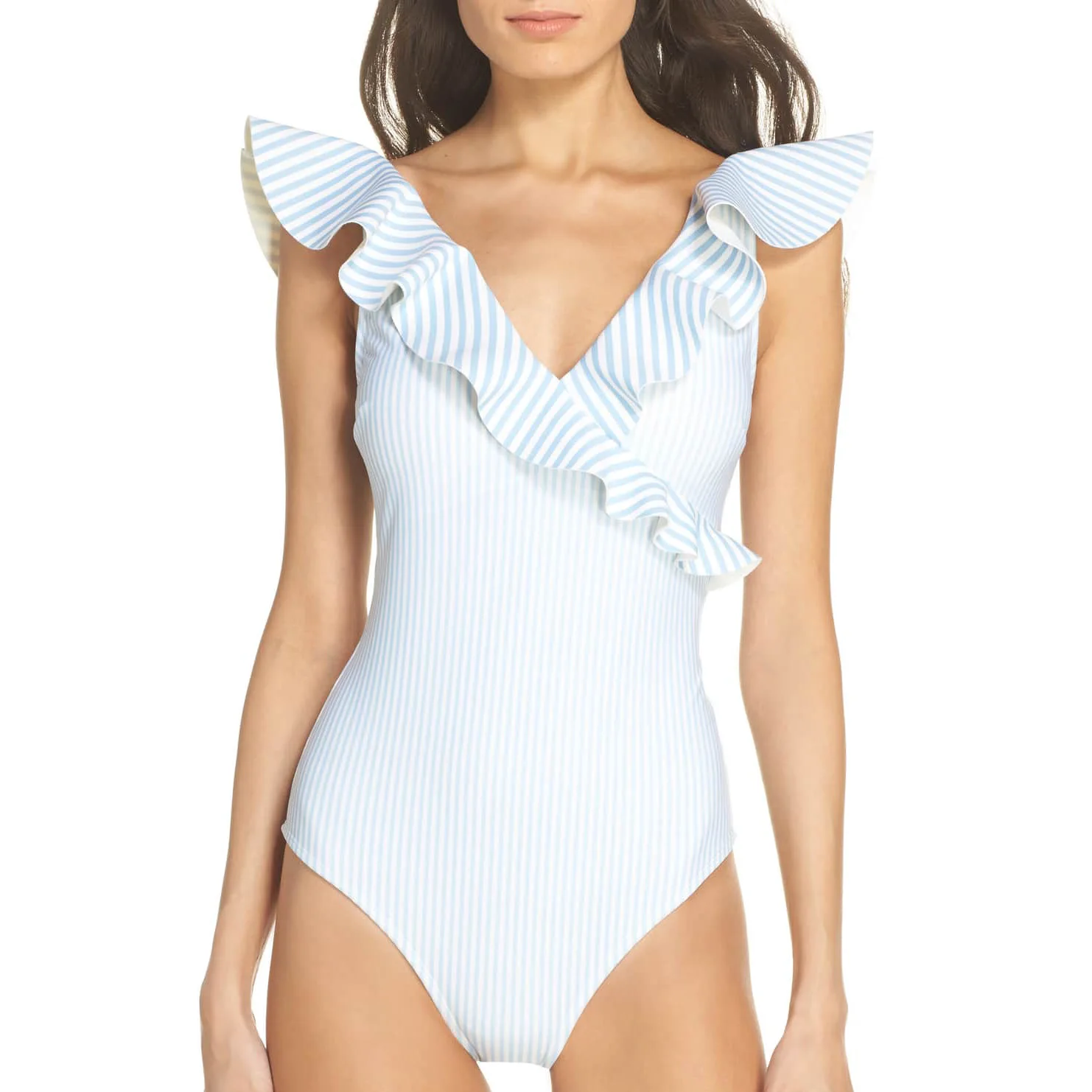 Striped Ruffled Сексуальный женский купальник с v-образным вырезом и оборками в горошек/полоску, Женский цельный купальник, женский купальный костюм, монокини, трикини - Цвет: Striped Ruffled