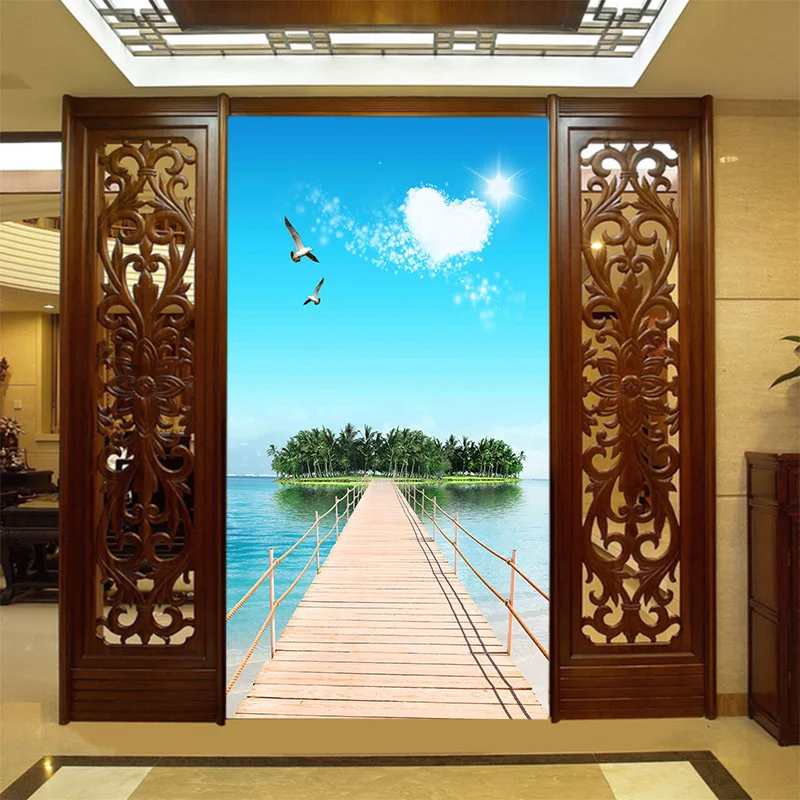 

Classic fresh landscape mural blue sky withe clouds green mountains and pure lake wallpaper for home corridor screen decor