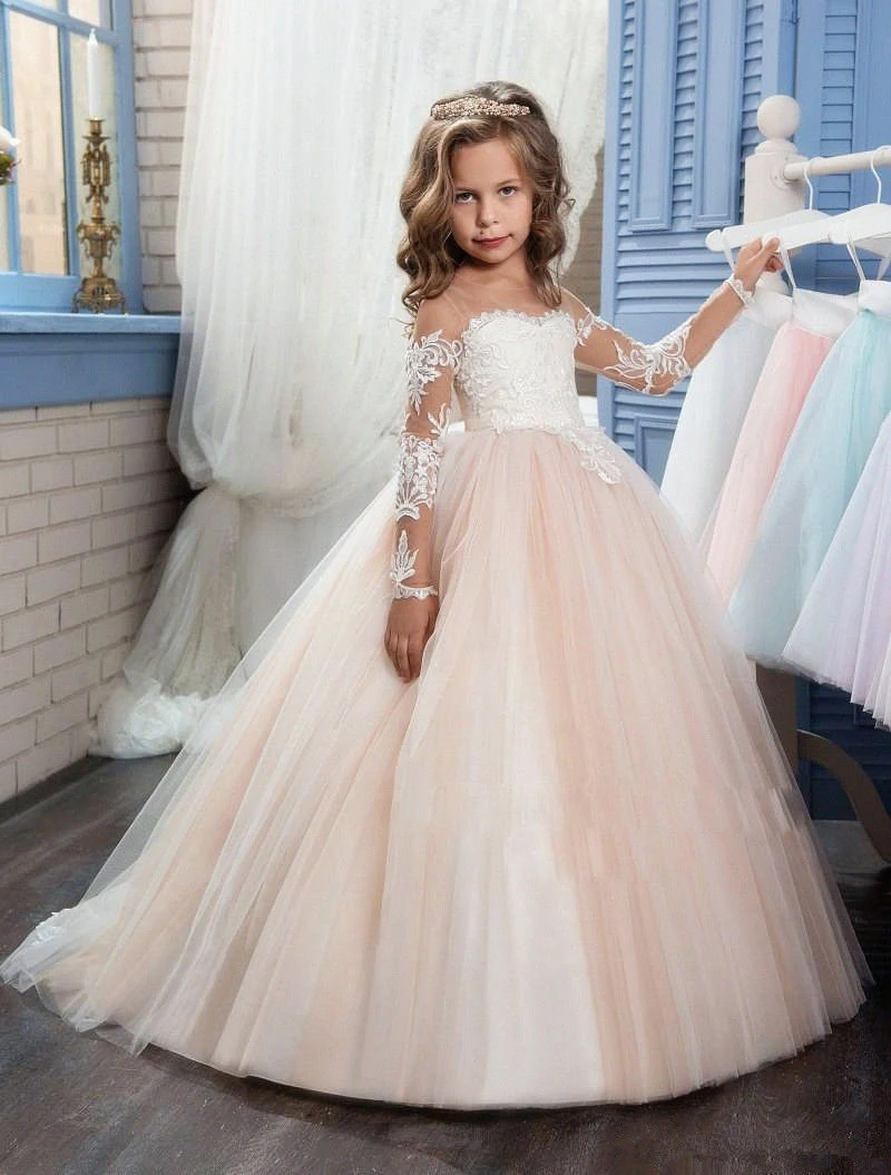 

2017 Romantic Champagne Puffy Flower Girl Dress for Weddings Organza Ball Gown Girl Party First Communion Dress Pageant Gown