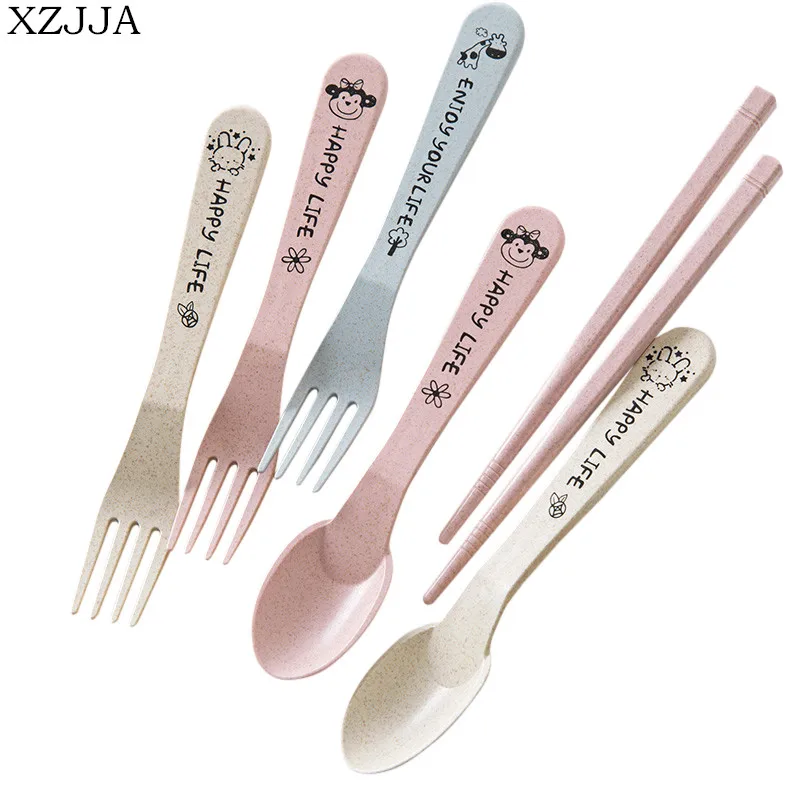 Набор столовых приборов XZJJA, экологически чистые столовые приборы из пшеничной соломы, вилки, ложки, палочки, для студентов и детей, столовая посуда для пикника, кухонные инструменты