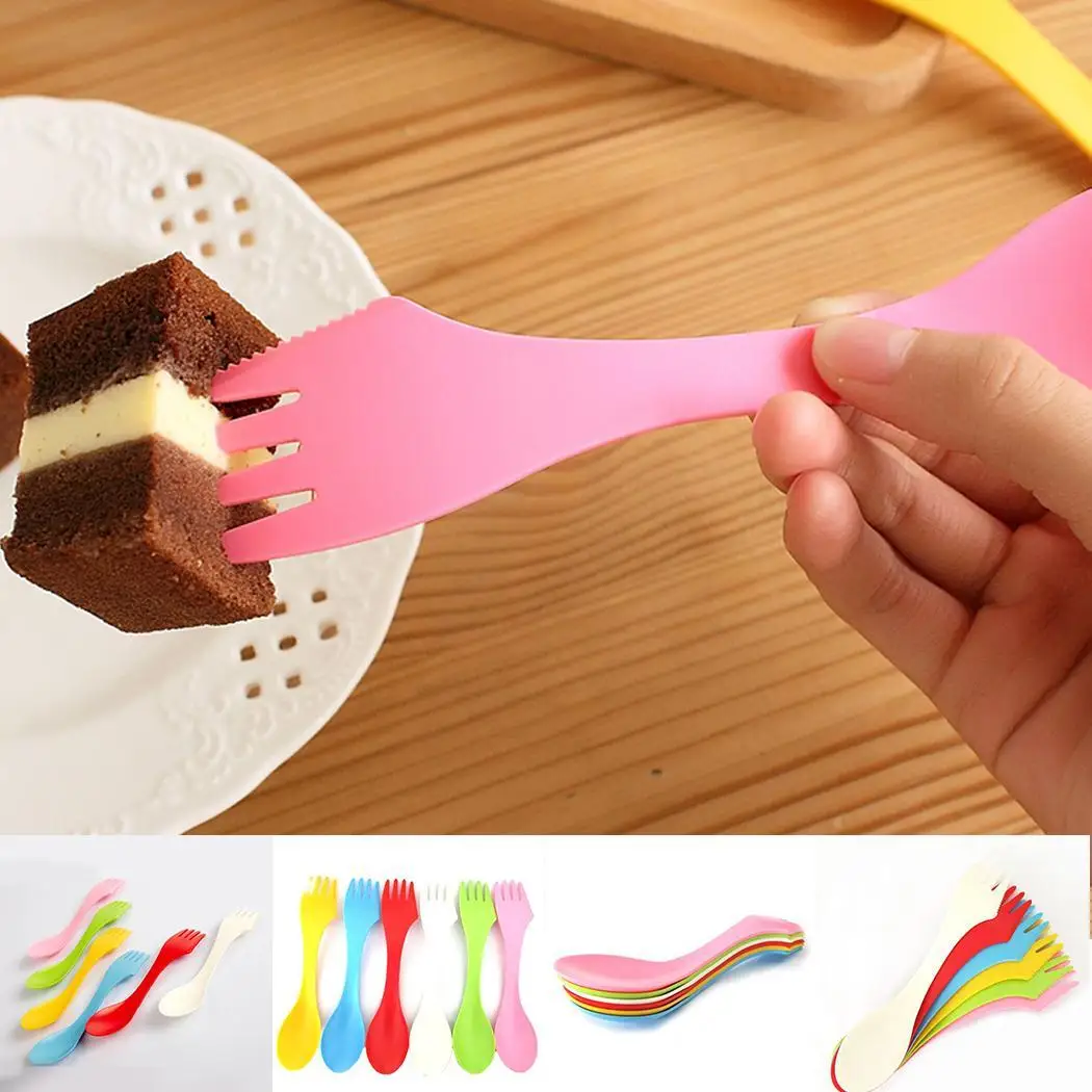 Ложка Вилка Нож 3 в 1 Набор (6 шт.) Пластиковые многоцветные многофункциональные