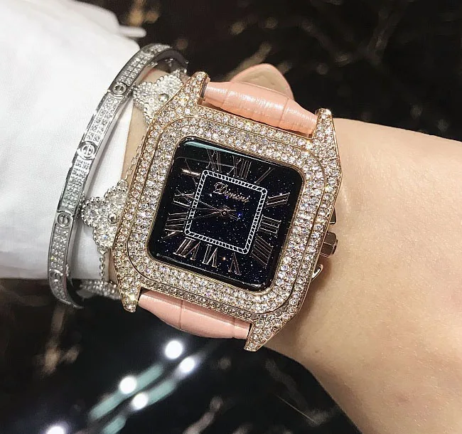 Pink rose gold case Топ Роскошные полностью бриллиантовые квадратные часы-браслет Женская мода кожаный ремешок Стразы кварцевые часы Новые Элегантные женские часы - Цвет: Pink rose gold case