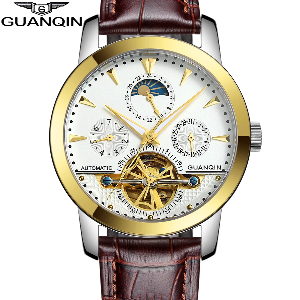 Оригинал GUANQIN Автоматические Механические Tourbillon Часы Мужчины Кожаный Ремешок