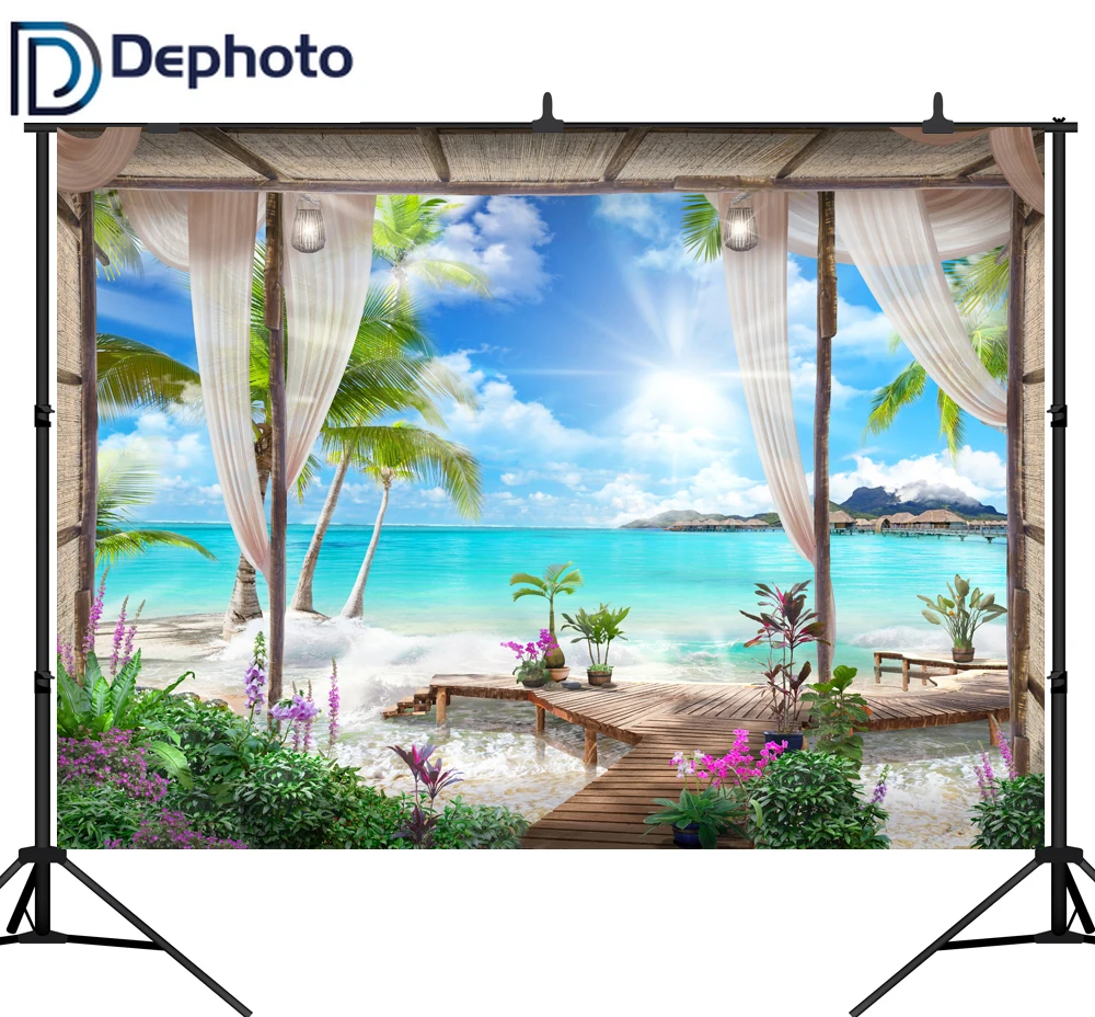 DePhoto фоны для фотостудии голубое небо белое облако дорожка песчаный пляж море фон