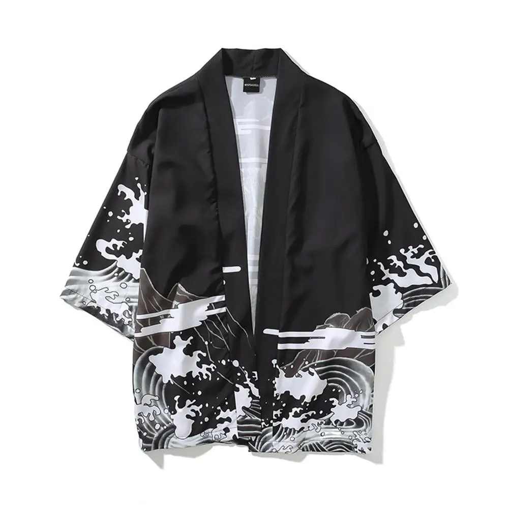 

MISSKY Unisex Men Summer Shirt White Black Color Vintage Ukiyo-E Pattern Kimono Loose Sleeve Cotton Shirts Tops Male Clothes