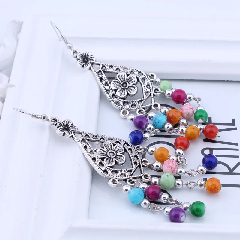 Богемные Тибетский серебристый цвет длинные полые капли воды резные цветы