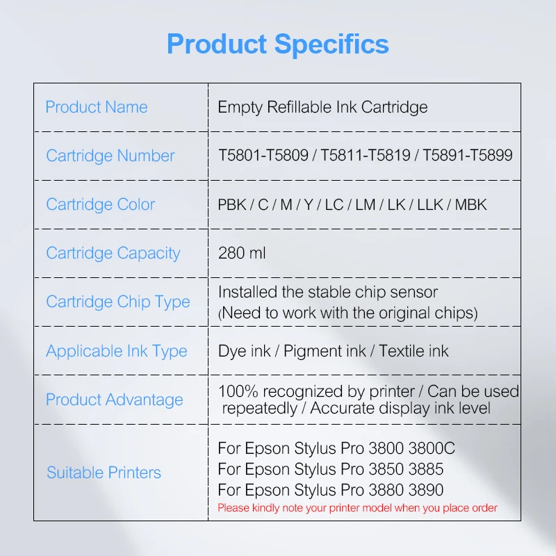 9 цветов/набор пустые многоразовые чернильные картриджи для Epson Stylus Pro 3800 3880 3890 3850