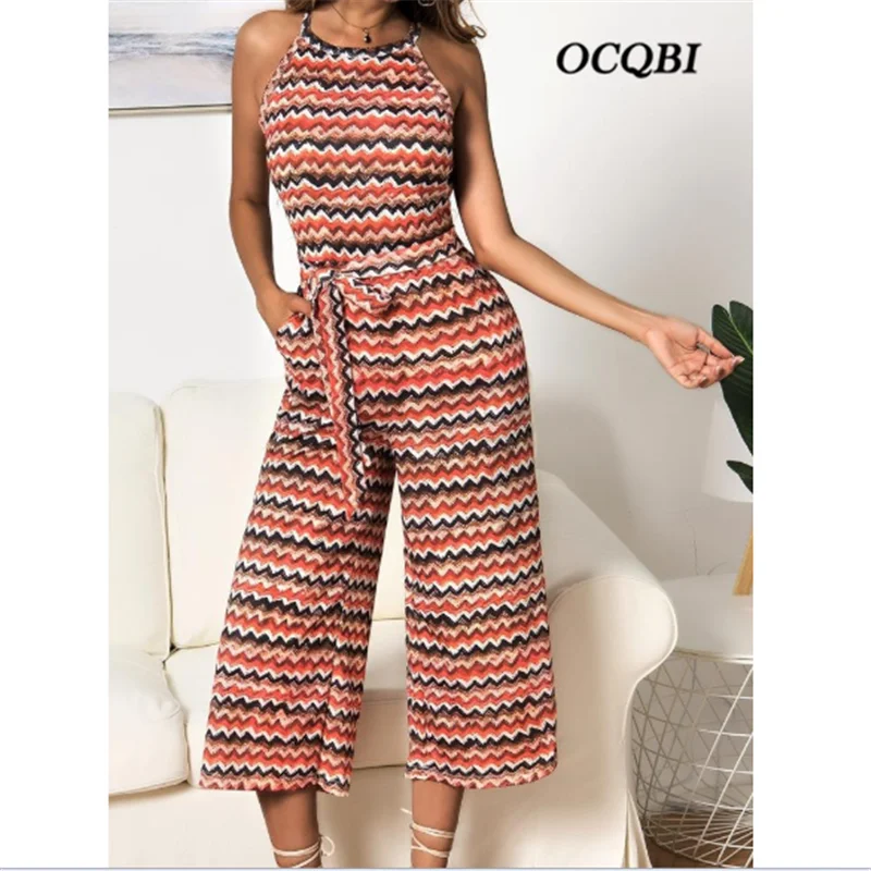 

Plus Size 2019 Long Casual Lace Up Print Loose Women Summer Jumpsuits Fashion Straight Jumpsuits